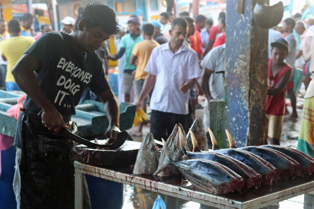 Продавец на местном рыбном рынке