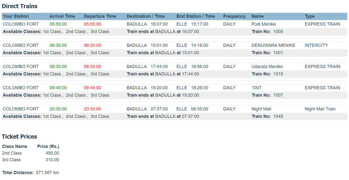 Стоимость проездных билетов поездов Коломбо-Элла