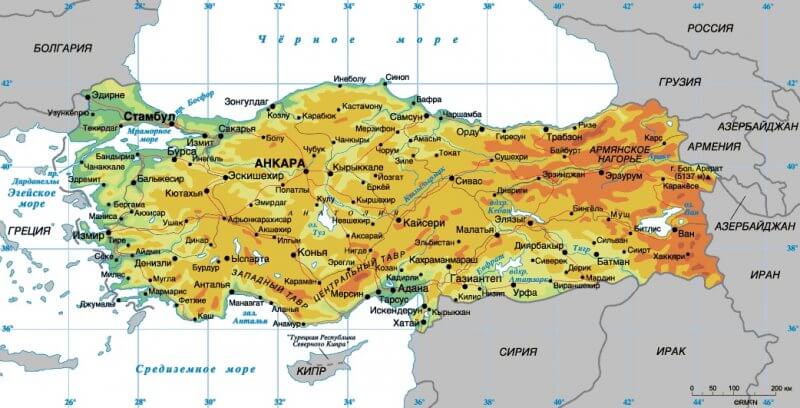 Физическая карта Турции