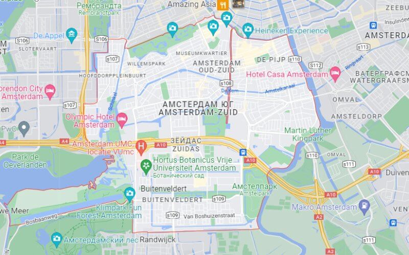 Юг Амстердама на карте