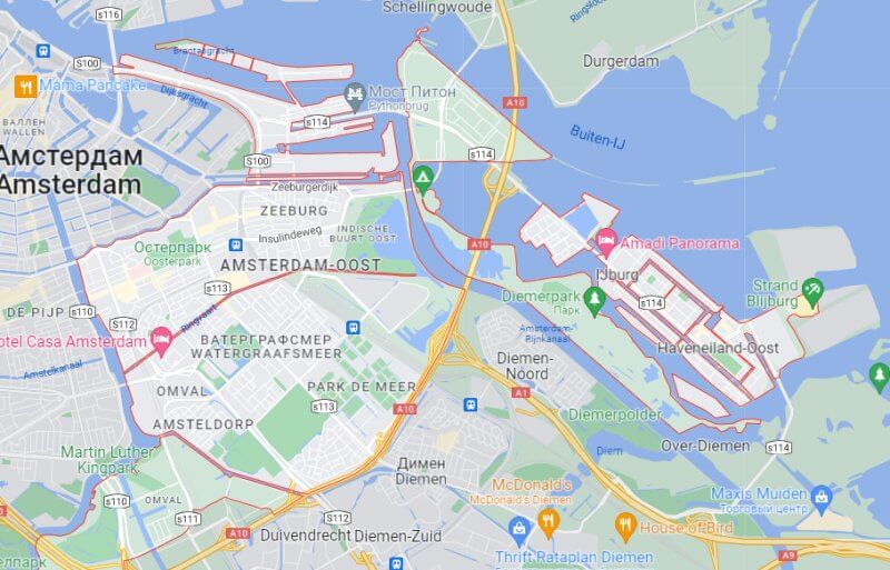 Восточный Амстердама на карте