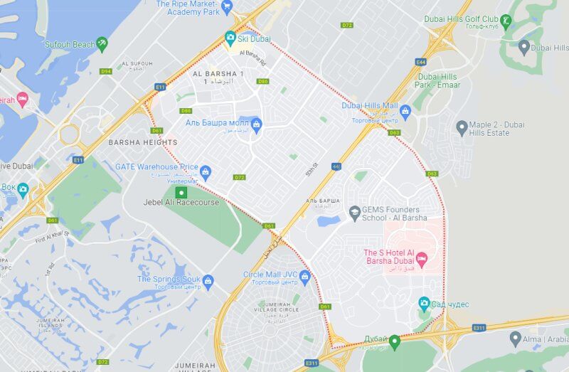 Район Аль-Барша на карте Дубая, ОАЭ