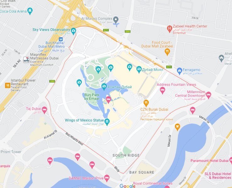 Район Даунтаун в Дубае на карте