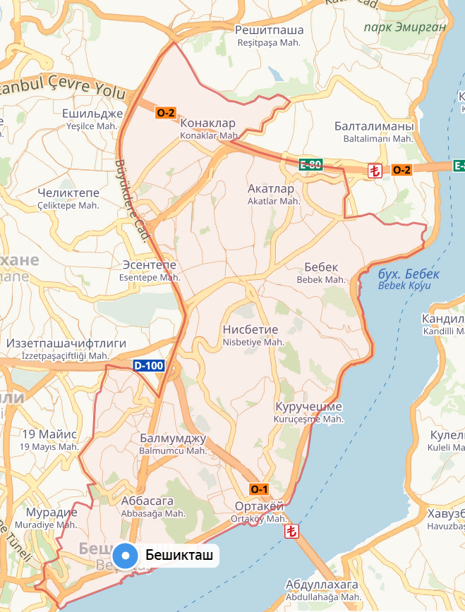 Район Бешикташ на карте Стамбула