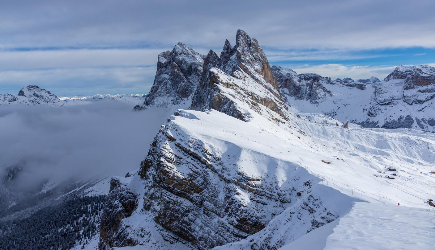 Сечеда зимой в Доломитах &mdash; снег, панорамы и зона катания Val Gardena