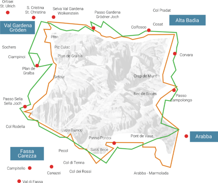 Схема маршрута Sella Ronda в Доломитах &mdash; круговой маршрут через 4 региона