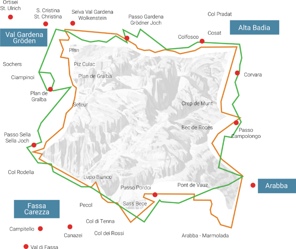Селла Ронда схема: оранжевый маршрут (по часовой) и зелёный (против) Схема маршрута Sellaronda: оранжевый по часовой и зелёный против