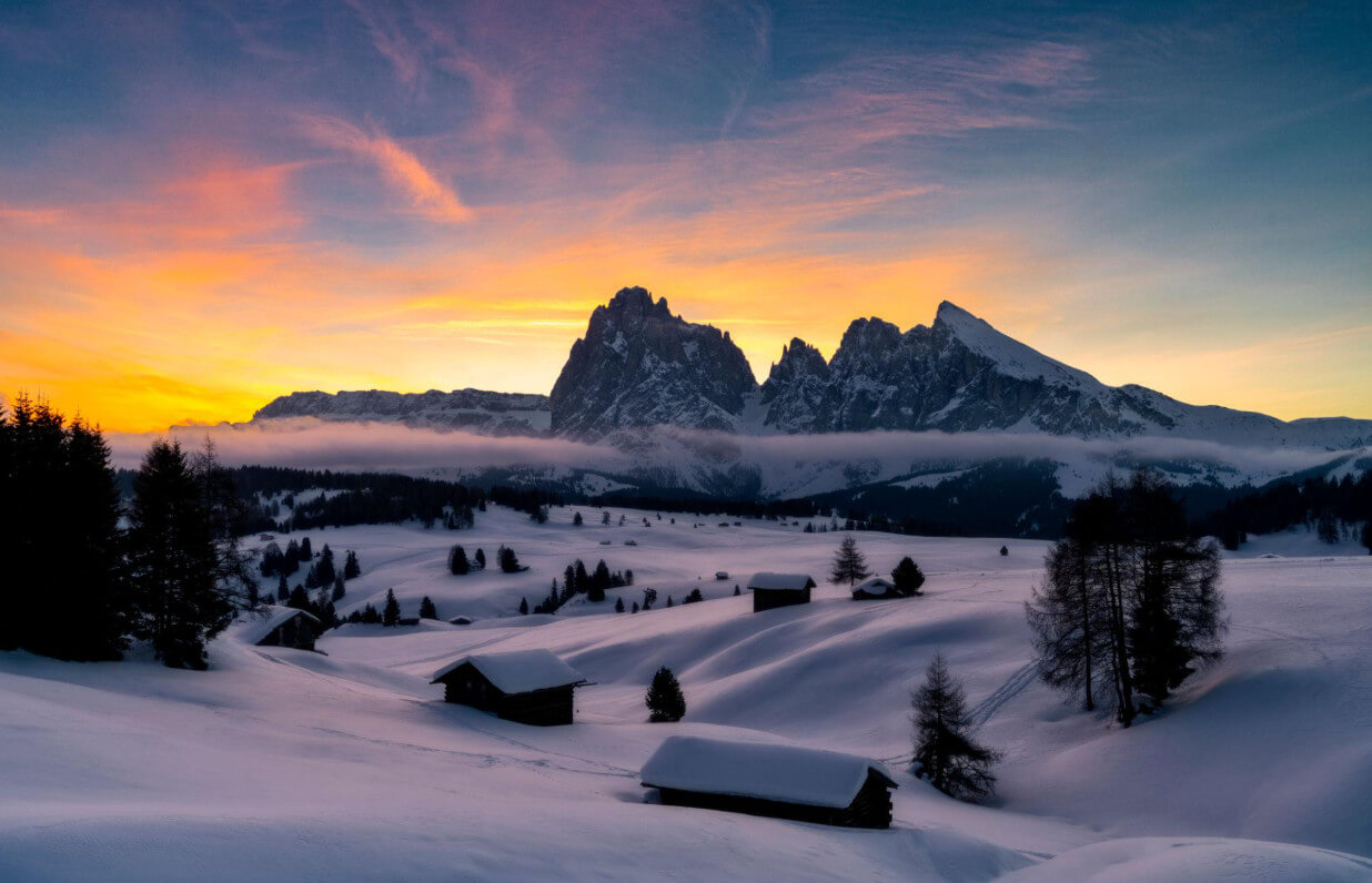 Alta Badia — атмосфера и пейзажи Доломитов Alta Badia на закате — Доломиты зимой