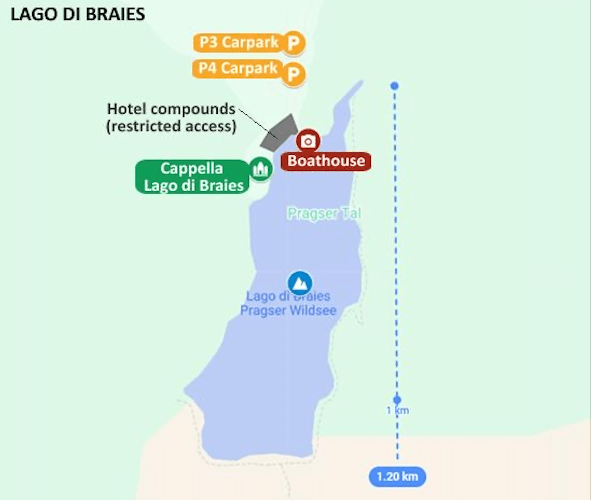 Где находится озеро Lago di Braies в Доломитах Lago di Braies на карте Доломитов